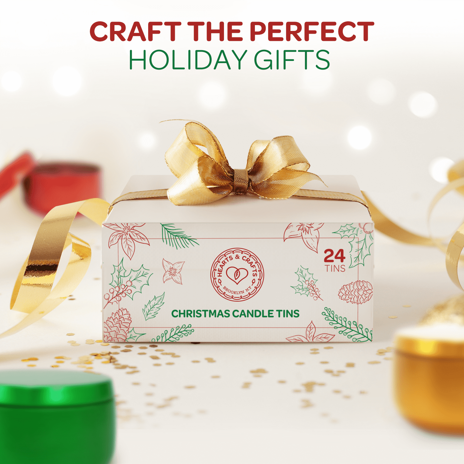 Hearts & Crafts Holiday Tin Candle Jars for Making Candles - Candle Tins 8oz - 24 Holiday Christmas Tin Candle Jars with Lids for Candle Making - Red, Green, Gold