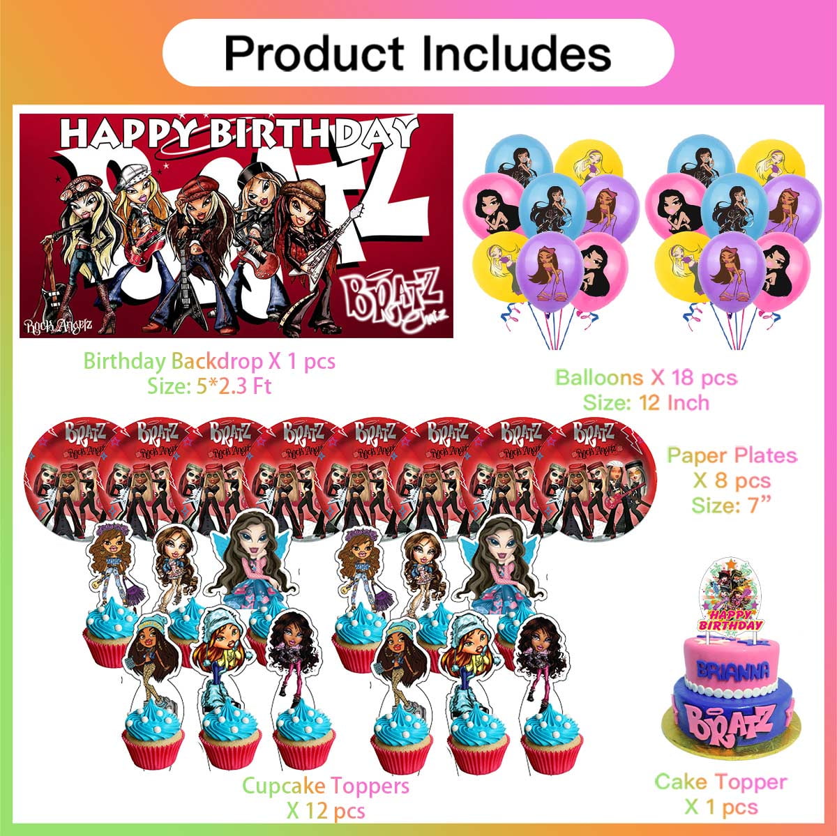 Bratz Girls Party Supplies Balloons Tableware Birthday Decorations Plates Banner Cake Topper Backdrop