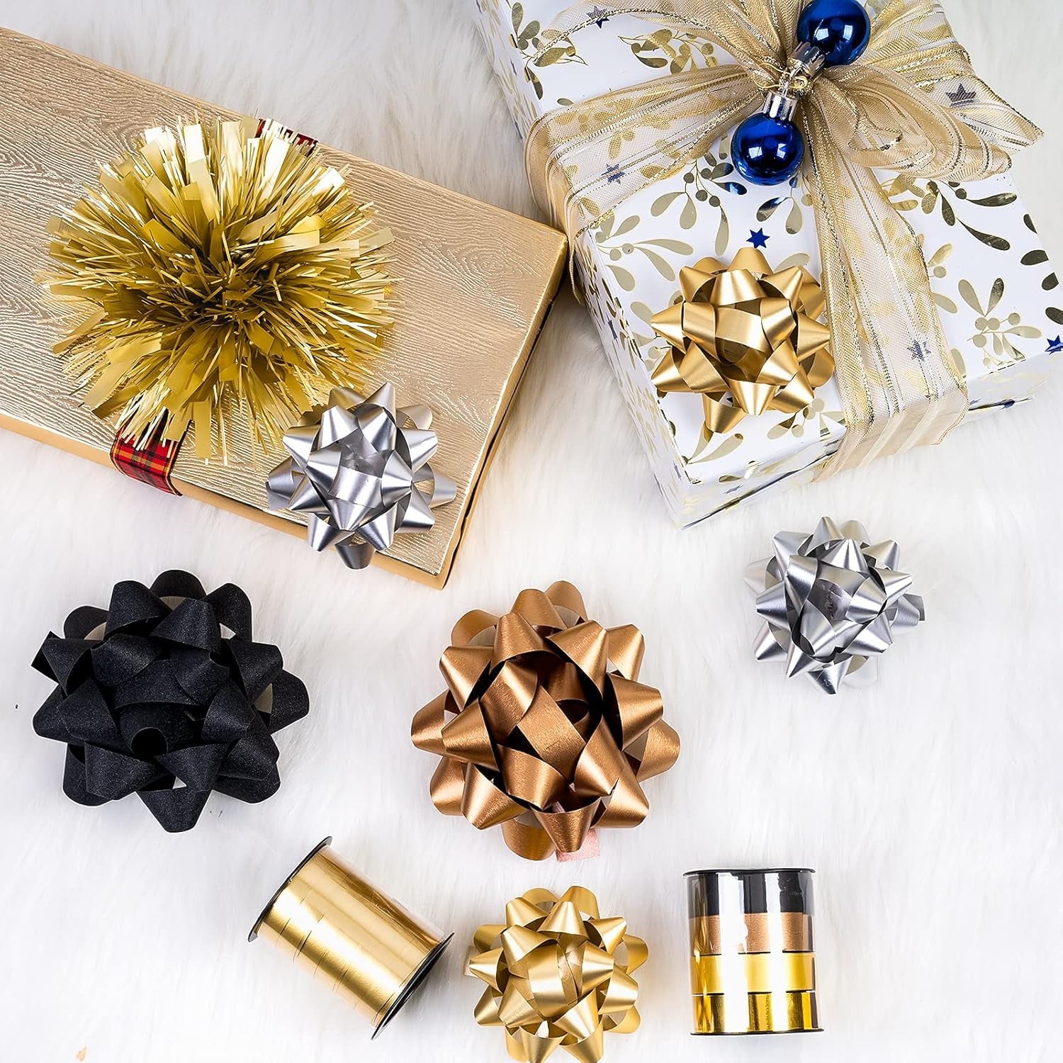 14 Pcs Gift Bows Assortment - 10 Multi Colored Assorted Size Gift Bows(Black, Gold, Silver, Old Gold), 2 Crimped Curling Ribbons, 1 Curly Bow, 1 Tinsel Bow for Christmas and New Year