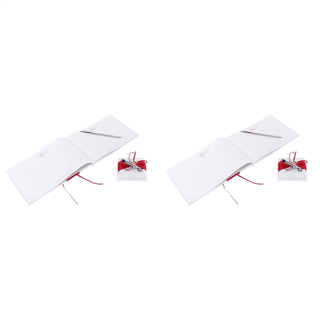 2X Wedding Guest Book with Pen Holder Sets Satin Bows Signature Book with Diamonds Love Shape Red+White