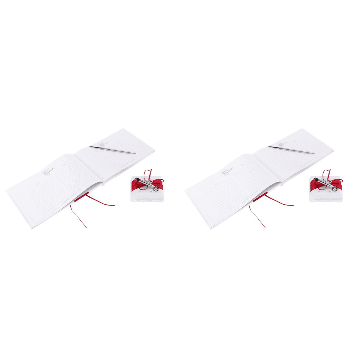 2X Wedding Guest Book with Pen Holder Sets Satin Bows Signature Book with Diamonds Love Shape Red+White