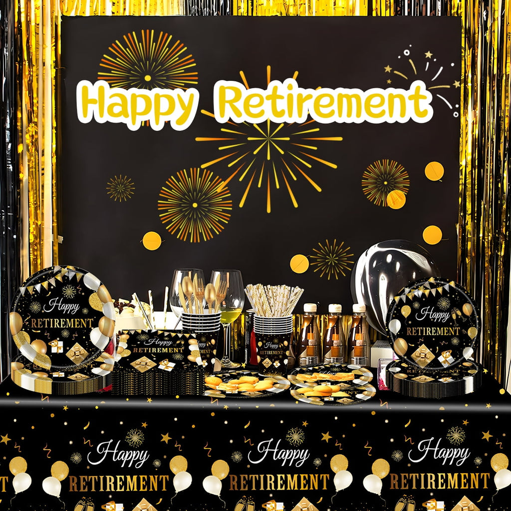 Retirement Paper Plates and Napkins Disposable Dinnerware Retirement Party Supplies Retirement Tableware Set for 16 guests Black Gold