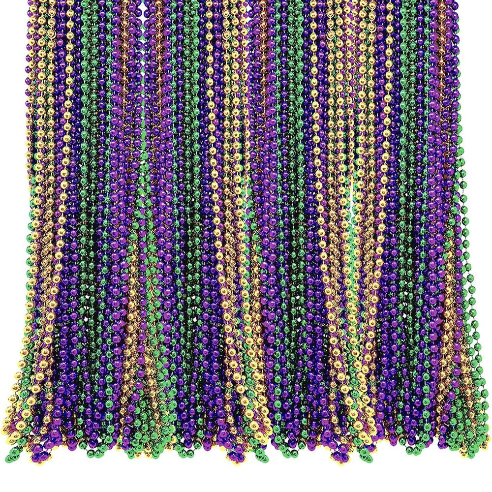 4E's Novelty 144 Mardi Gras Beads Necklaces, Purple Green Gold, 33 Inches Long