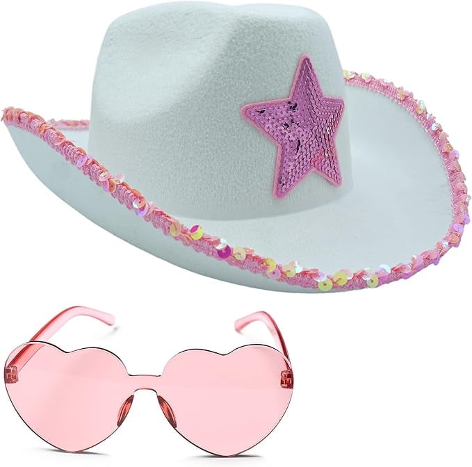 4E's Novelty 2 Sets White Cowgirl Hat with Pink Star & Heart Glasses – Sparkly Bachelorette & Costume Hat for Girls & Women