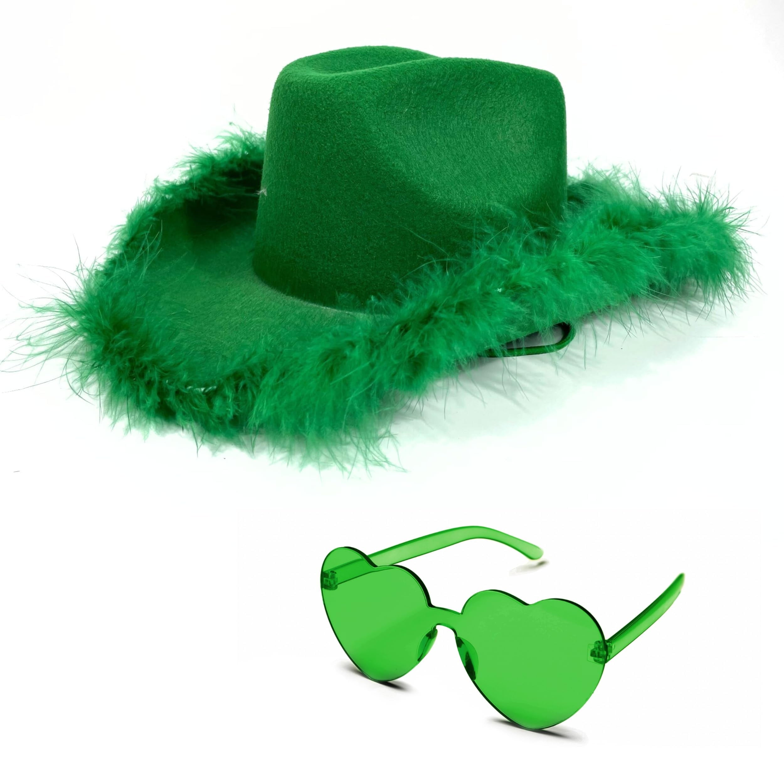 4E’s Novelty Green Cowboy Hat with Feathers & Heart Sunglasses – St. Patrick’s Day Fun