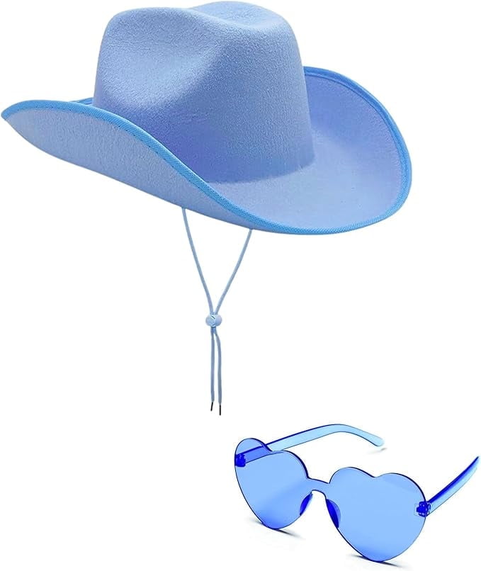 4E's Novelty Light Blue Cowboy Hat with Heart-Shaped Glasses – Western Party Accessories