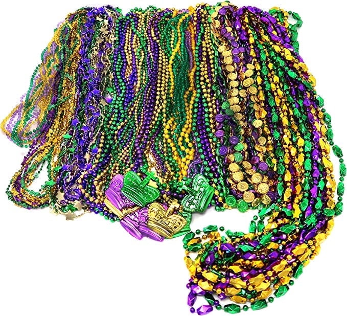 4E's Novelty Mardi Gras Bead Assortment (100 Pcs), Purple Green Gold, Metallic Necklaces