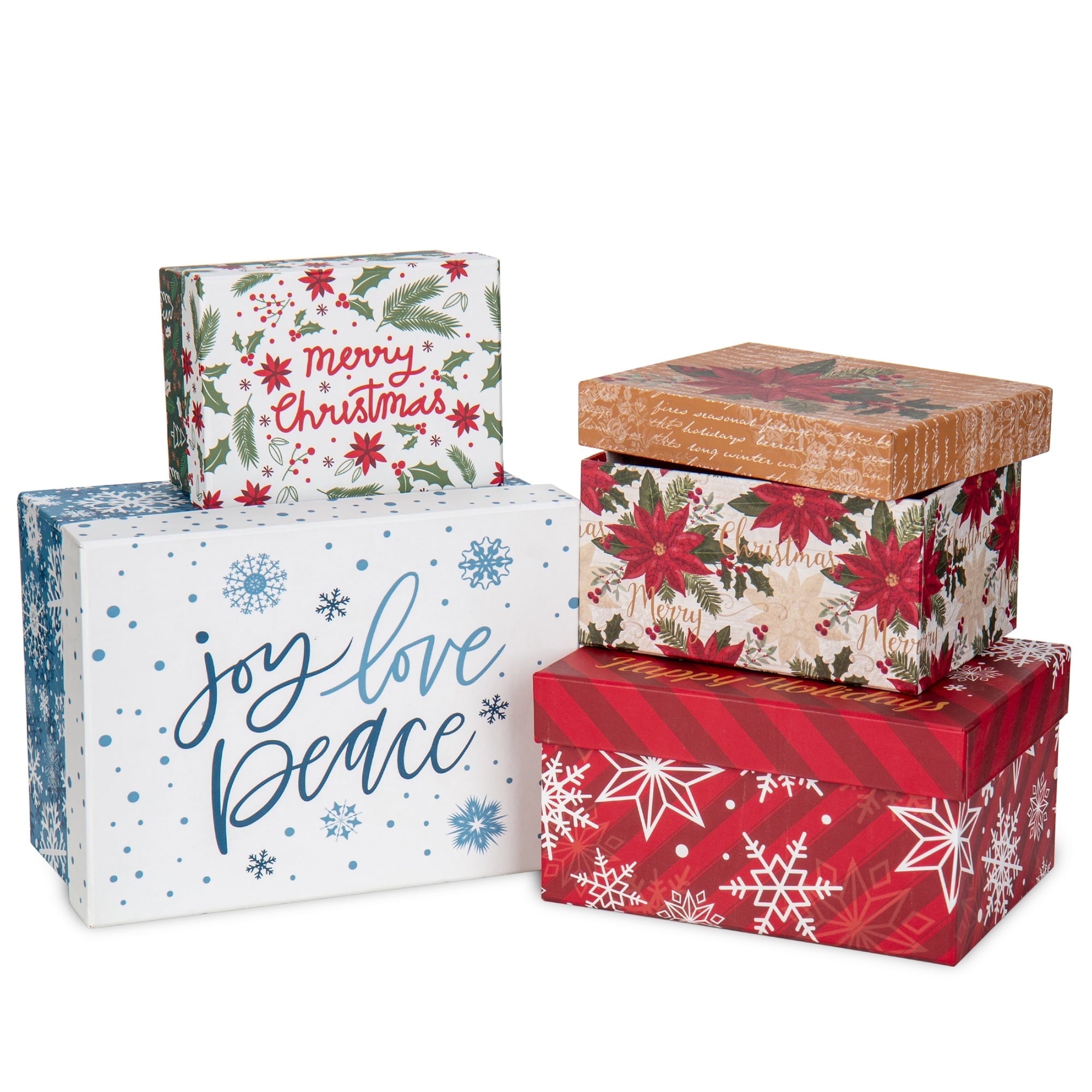 4 Pack Christmas Gift Boxes with Lids Nesting Square Box Set in Bows Decor Designs for Christmas Holiday Birthday Wedding Present