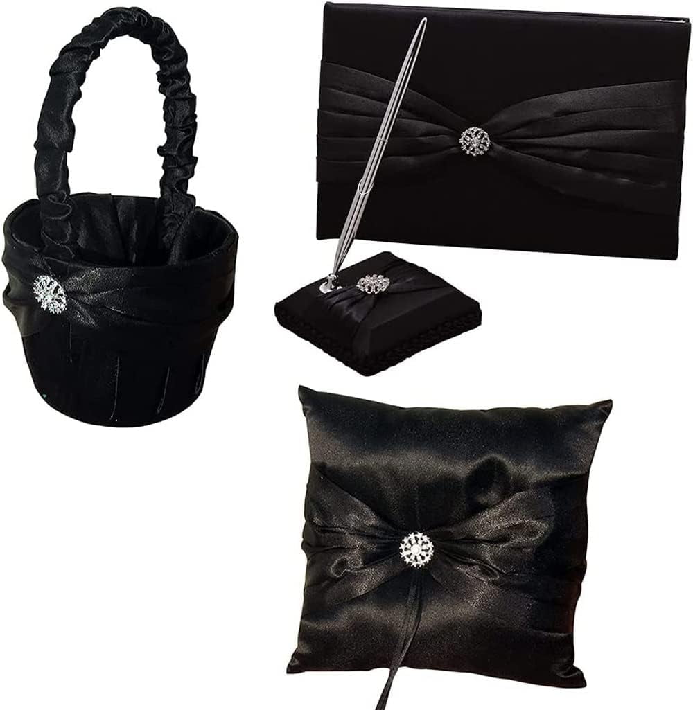 4Pcs Black Wedding Supplies Set Flower Girl Basket + Ring Bearer Pillow + Guest Book + Pen Set Holder for Bridal Wedding Shower Ceremony Anniversary Celebrations Party Decorations