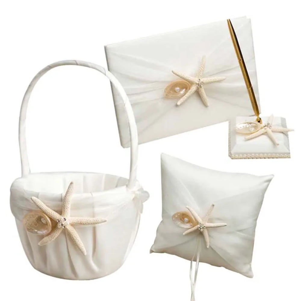 4Pcs Starfish Shell Satin Wedding Supplies Set Flower Girl Basket + Ring Bearer Pillow + Guest Book + Pen Set Holder for Bridal Wedding Shower Ceremony Anniversary Celebrations Party Decorations