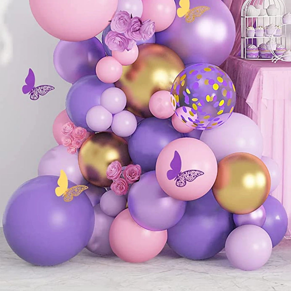 108PC Purple Powder Gold Feast! Balloon Butterfly Combination+Inflator, Full of Party Atmosphere, Full of Girl's Heart