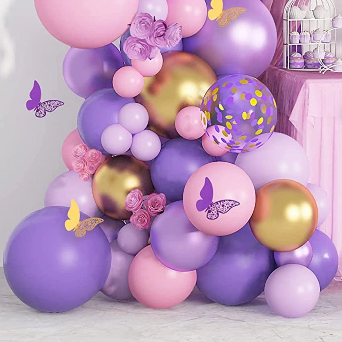 108PC Purple Powder Gold Feast! Balloon Butterfly Combination+Inflator, Full of Party Atmosphere, Full of Girl's Heart