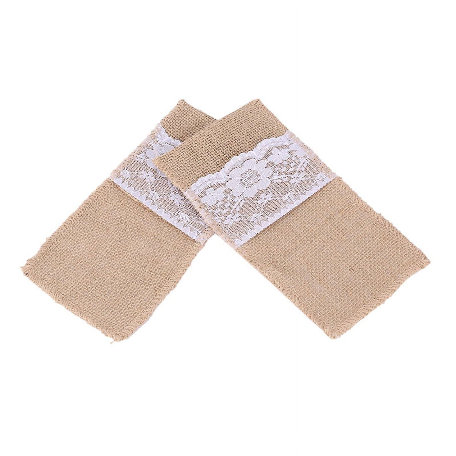 50 pcs Natural Cutlery Knives and Forks Set Silverware Bag Holder Burlap & Lace Party Wedding Decor, 21x11cm