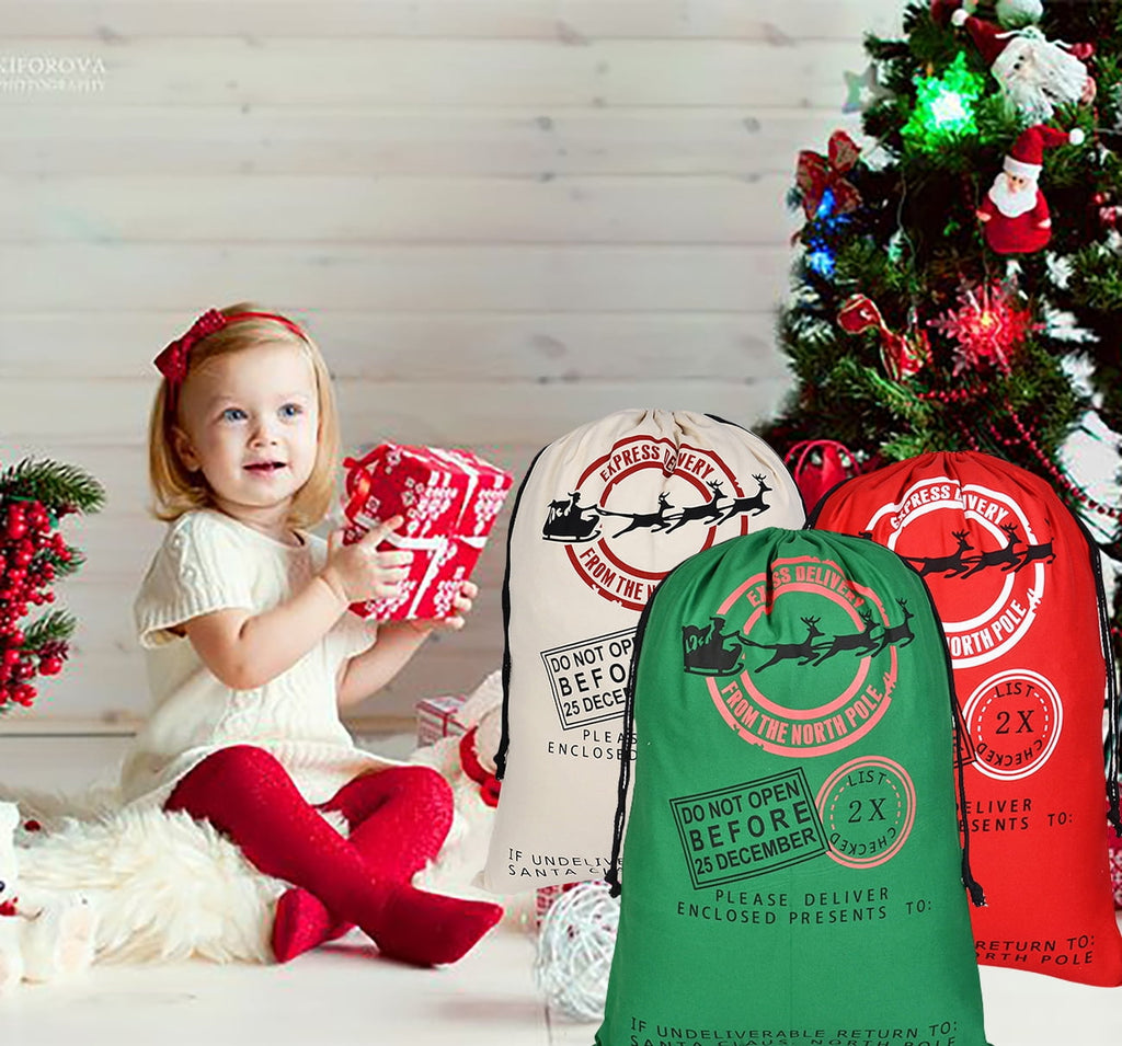 Christmas Bags Gift Sacks Drawstring Large Reusable Burlap Xmas Santa Sacks Gift Bags for Package Storage Party Supplies 3-Pack Design1