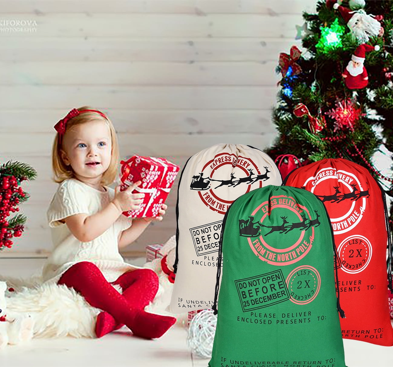 Christmas Bags Gift Sacks Drawstring Large Reusable Burlap Xmas Santa Sacks Gift Bags for Package Storage Party Supplies 3-Pack Design1
