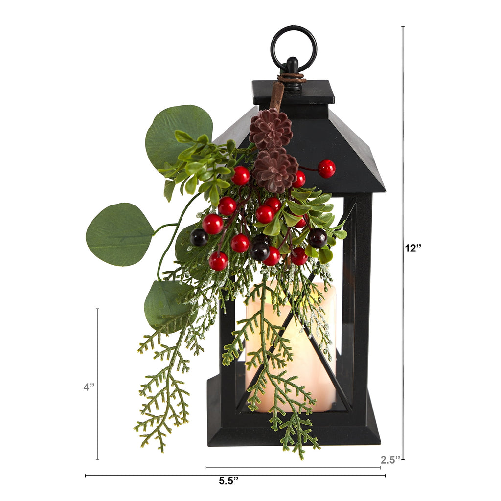 Nearly Natural 12in. Holiday Berries and Greenery Metal Lantern Artificial Table Christmas Arrangement with LED Candle Included