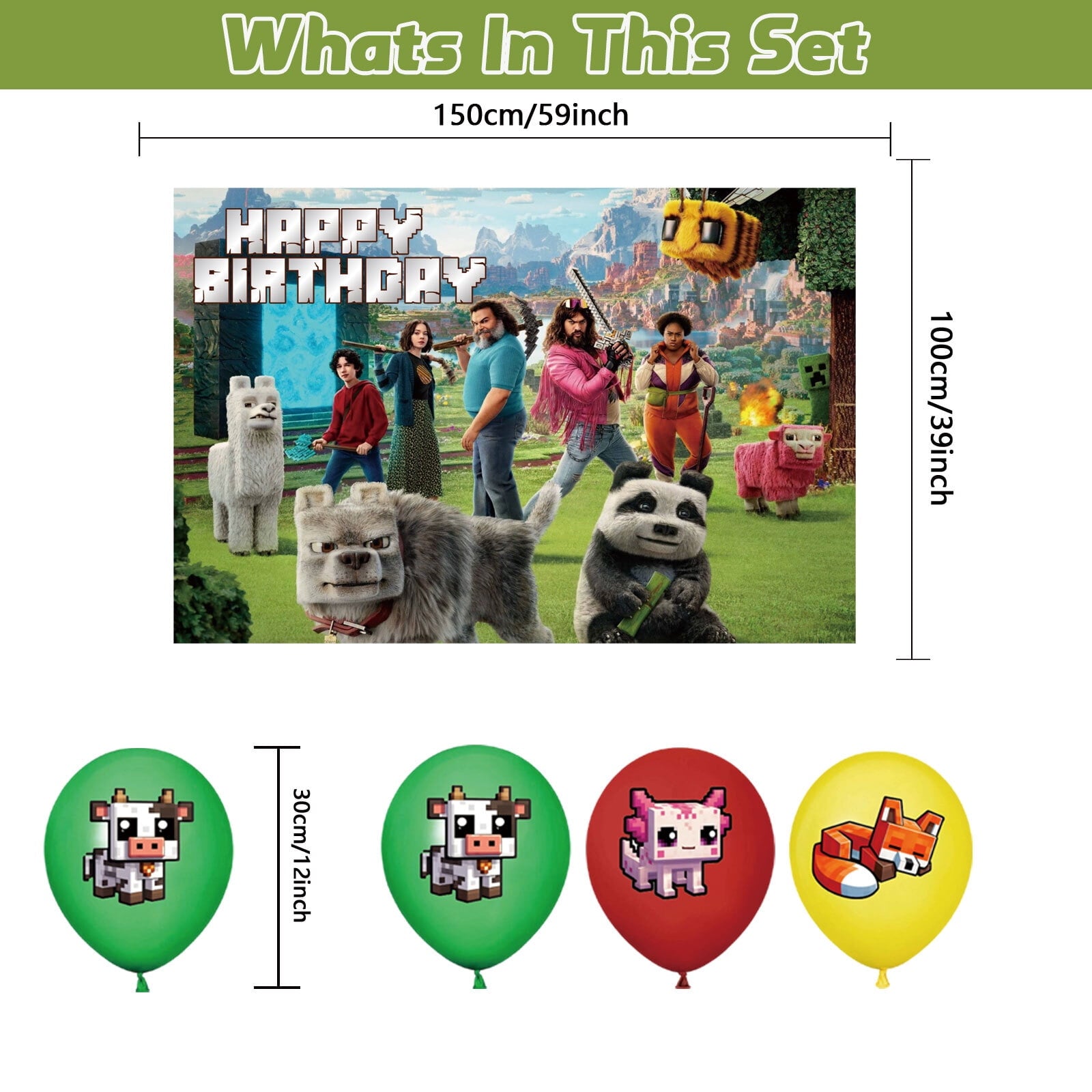 32-Pcs For Minecraft Cartoon-Themed Party Decoration Set – Includes Backdrop, Cake Topper, 12 Cupcake Toppers, and 18 Balloons for Festive Celebrations