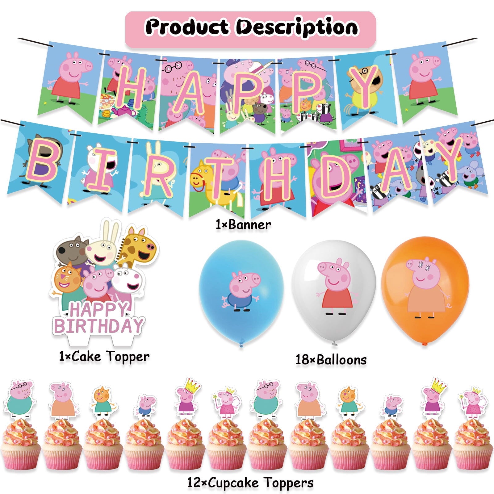 32-Pcs For Peppa Cartoon For Pig-Themed Party Decoration Set – Includes Banner, Cake Topper, 12 Cupcake Toppers, and 18 Balloons for Festive Celebrations
