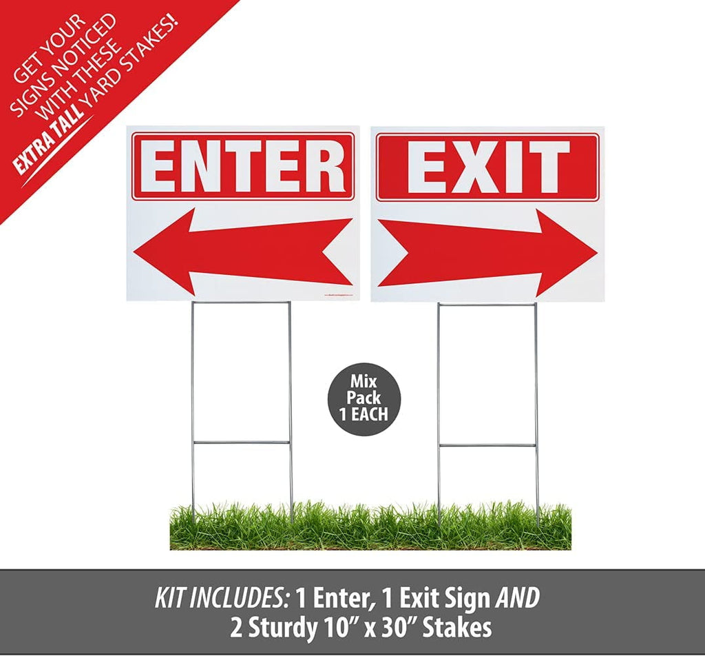 Enter/Exit Arrow Yard Sign Complete Kit Includes Sturdy Sign Stake - Durable Outdoor Double Sided 18x24 Arrow Sign with Extra Tall 10x30 Stake (Mixed Pack, Exit/Enter)