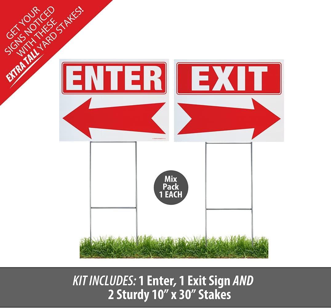Enter/Exit Arrow Yard Sign Complete Kit Includes Sturdy Sign Stake - Durable Outdoor Double Sided 18x24 Arrow Sign with Extra Tall 10x30 Stake (Mixed Pack, Exit/Enter)