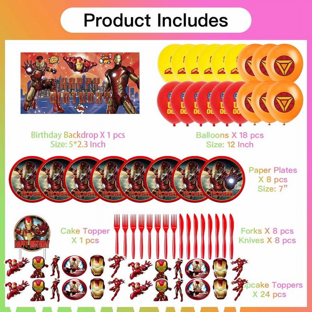 Iron Man Party Supplies Plates Decorations Birthday Cake Topper Banner Decor Backdrop Balloons