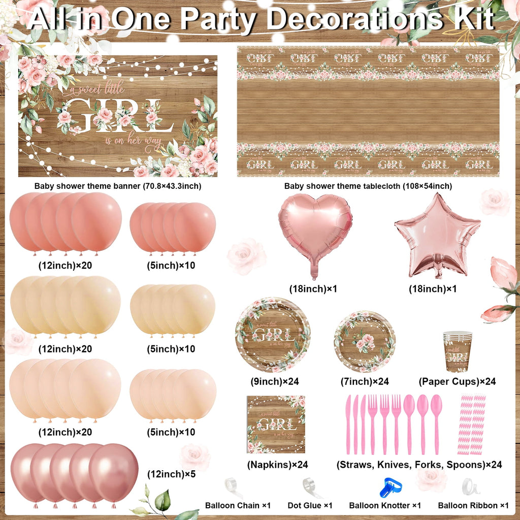 Mocsicka 295 PCS Rustic Baby Girl Shower Decorations A Sweet Little Girl Is on Her Way Banner Plates Napkins Cups Balloons Serve 24