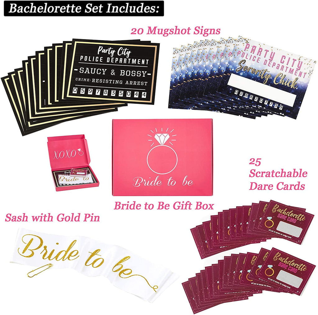 Bachelorette Party Supplies Kit - Set of 25 Dare Cards, 20 Mugshot Signs & One 33 Inch Bachelorette Sash with Goldtone Pin - Girls Night Out Party Accessories & Photo Booth Props