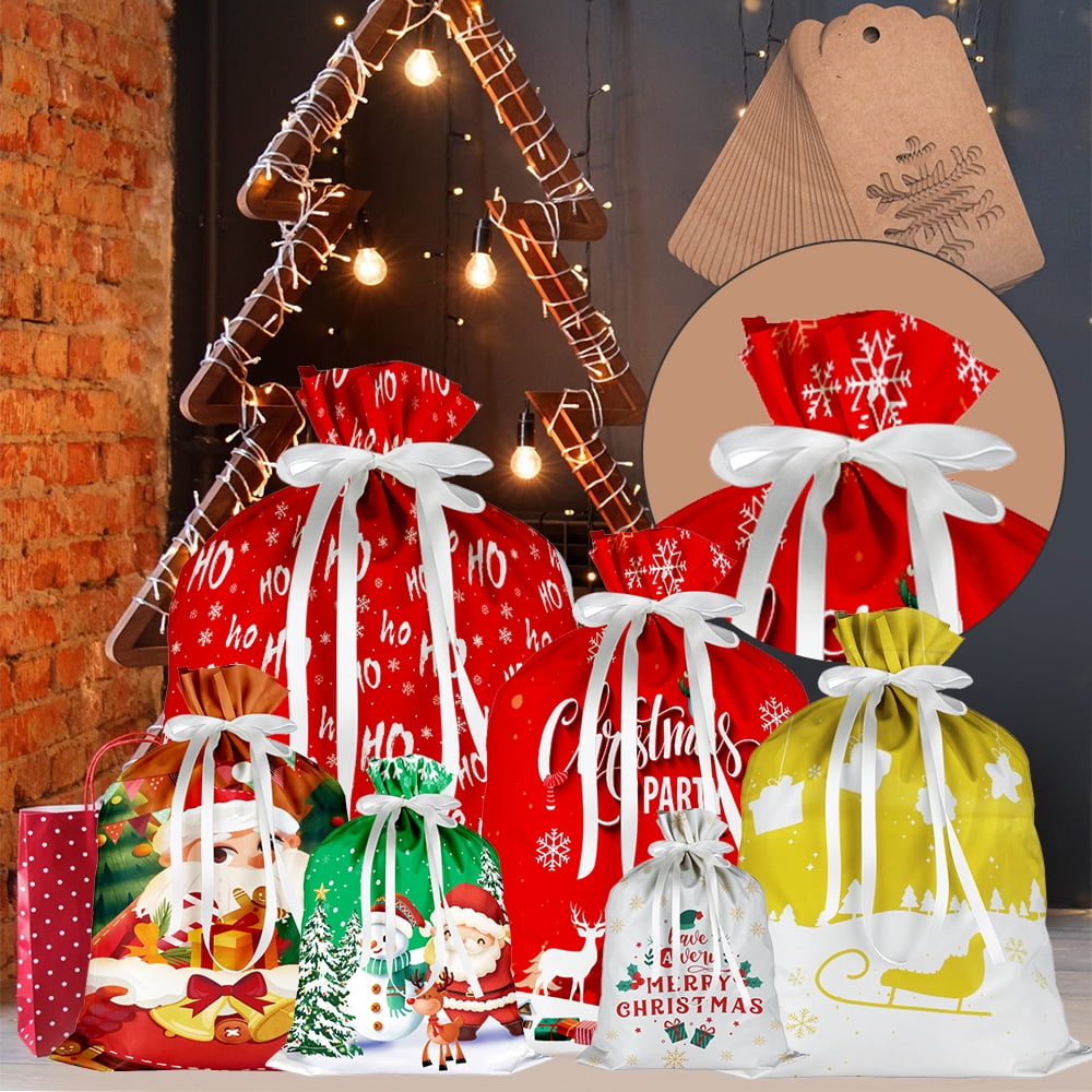 Christmas Drawstring Gift Bags Assorted Sizes, 34Pcs Bulk Holiday Wrapping Bags, Reusable Fabric Xmas Presents Bags, Suitable as Favor & Goody Bags in Small/Medium/Large/Extra Large/Huge Sizes&nbsp;