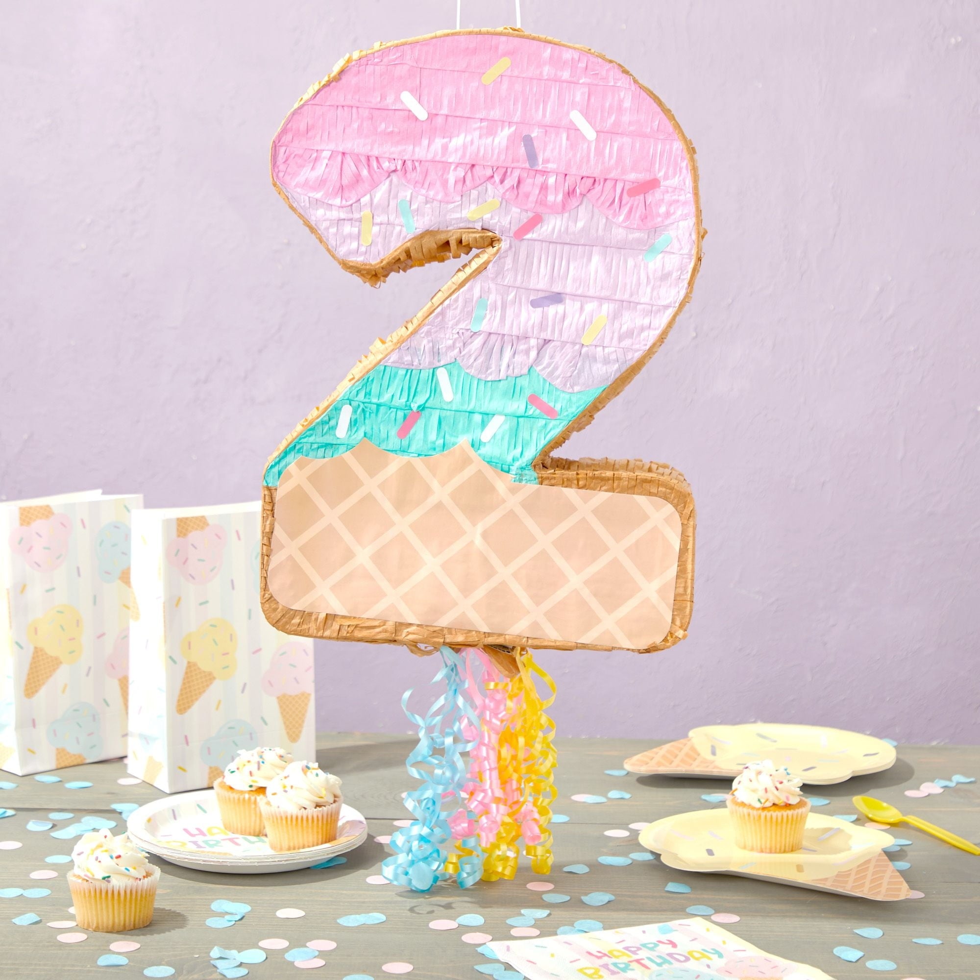Pull String Number 2 Ice Cream Pinata for Two Sweet Birthday Decorations (16.5 x 11.5 x 3 In), For Ages 3+