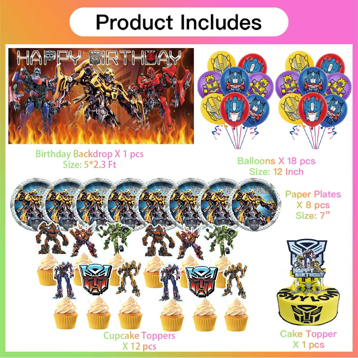 Transformer Birthday Party Supplies Balloons Plates Decoration Cake Topper Decor Tableware Banner Backdrop