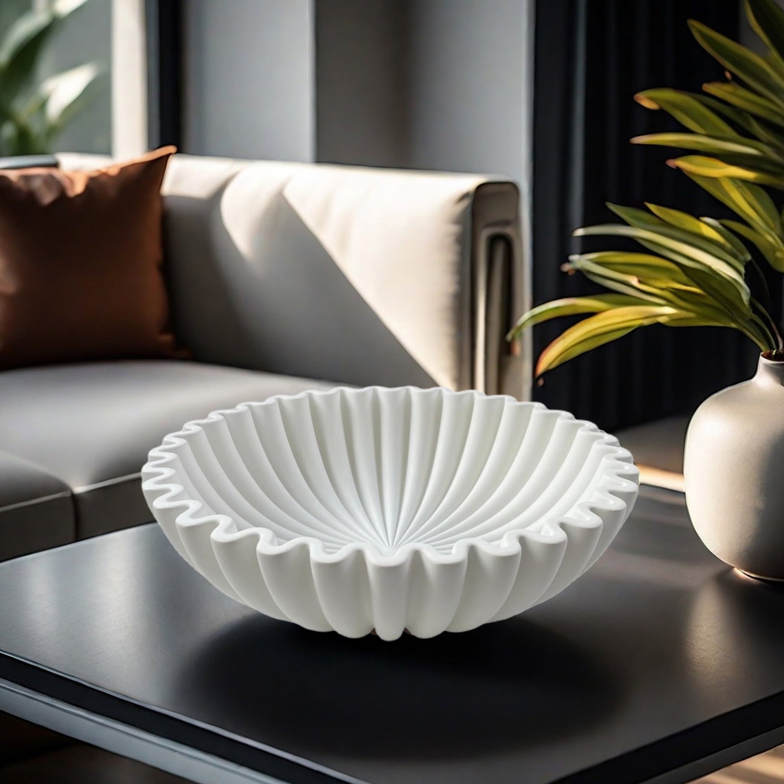 Taosunzt Black Ruffle Decorative Bowl Modern Living Room Home Office Resin Fluted Bowl Coffee Table Bookshelf Centerpiece Desktop Decoration White 2