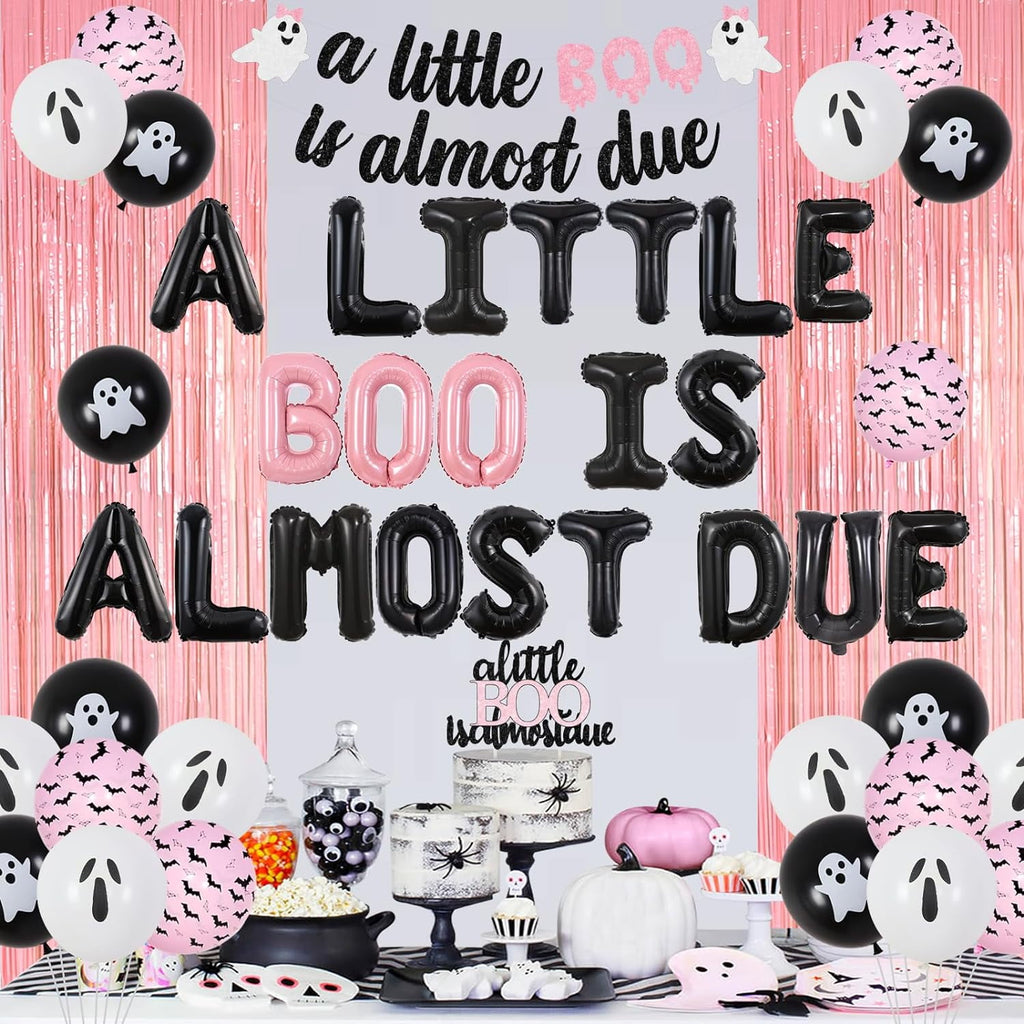 Jollyboom Halloween Baby Shower Decoration Girl, A Little Boo Is Almost Due Baby Shower Decoration Foil Balloon Cake Topper Banner Pink Fringe Curtain for Girl Halloween Baby Shower Party