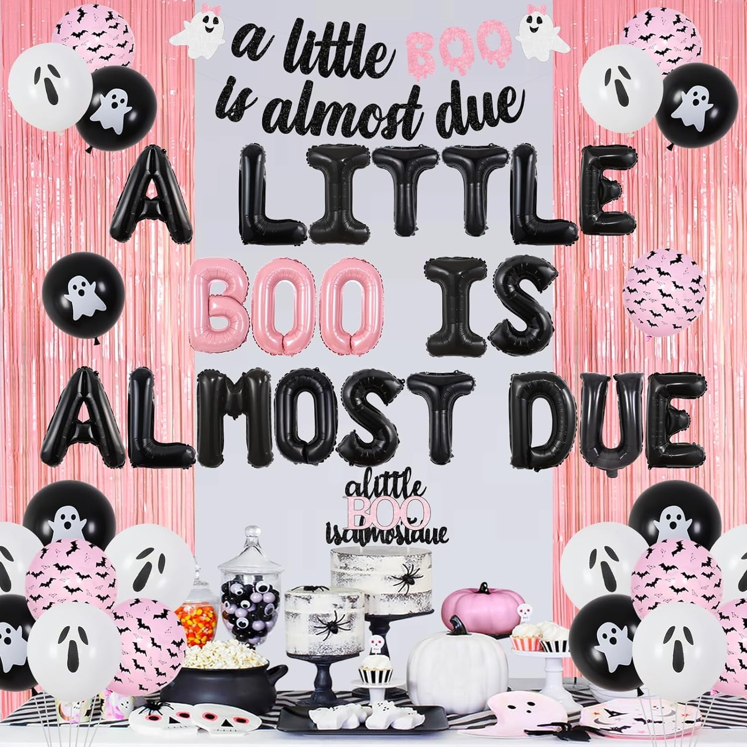Jollyboom Halloween Baby Shower Decoration Girl, A Little Boo Is Almost Due Baby Shower Decoration Foil Balloon Cake Topper Banner Pink Fringe Curtain for Girl Halloween Baby Shower Party