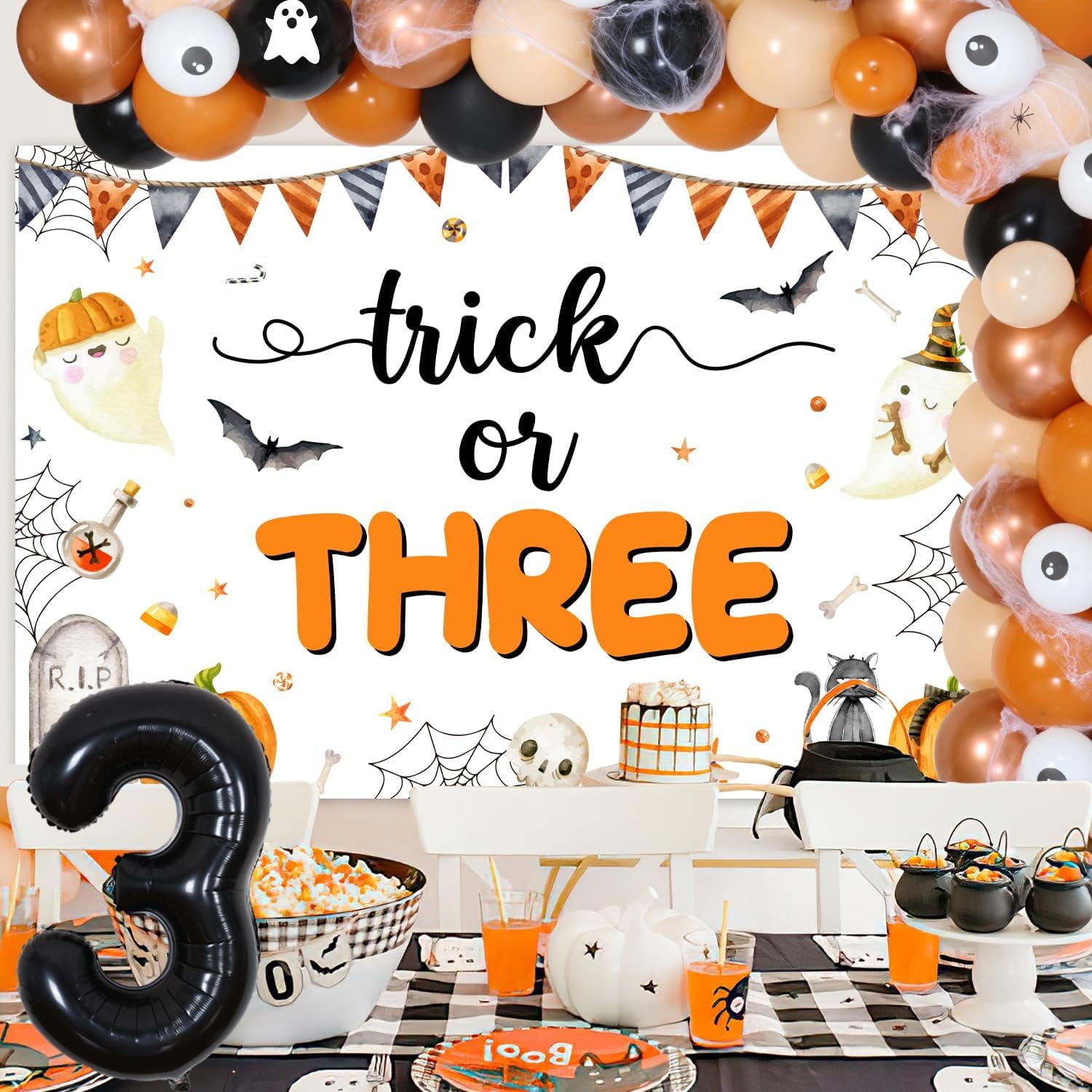 Trick or Three Theme Halloween 3rd Birthday Party Decorations Pumpkin Backdrop Number 3 Balloon Garland Arch Kit 3D Bat Wall Stickers Simulation Spider for Halloween 3rd Birthday Party Decor Supplies