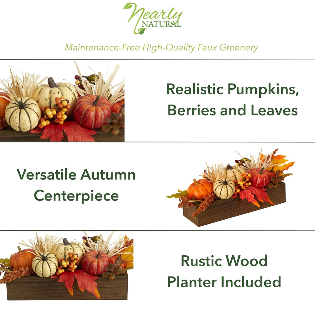 Nearly Natural 16" Harvest Pumpkin and Berries Artificial Flowers Arrangement in Wood Vase, Orange