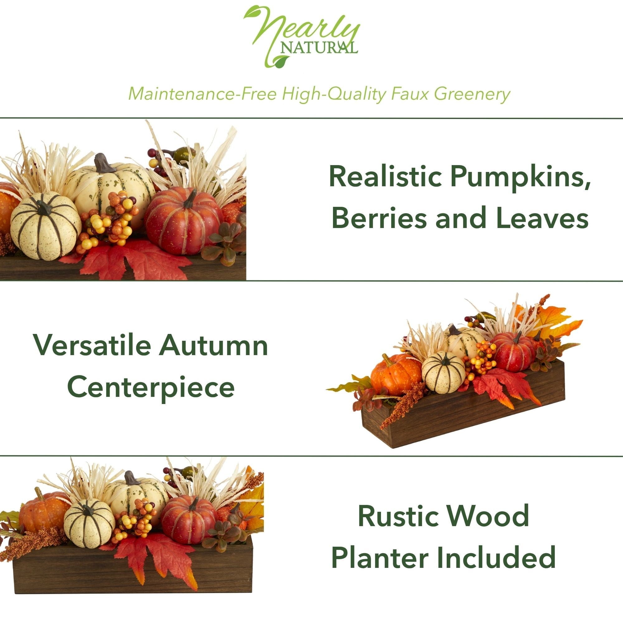 Nearly Natural 16" Harvest Pumpkin and Berries Artificial Flowers Arrangement in Wood Vase, Orange
