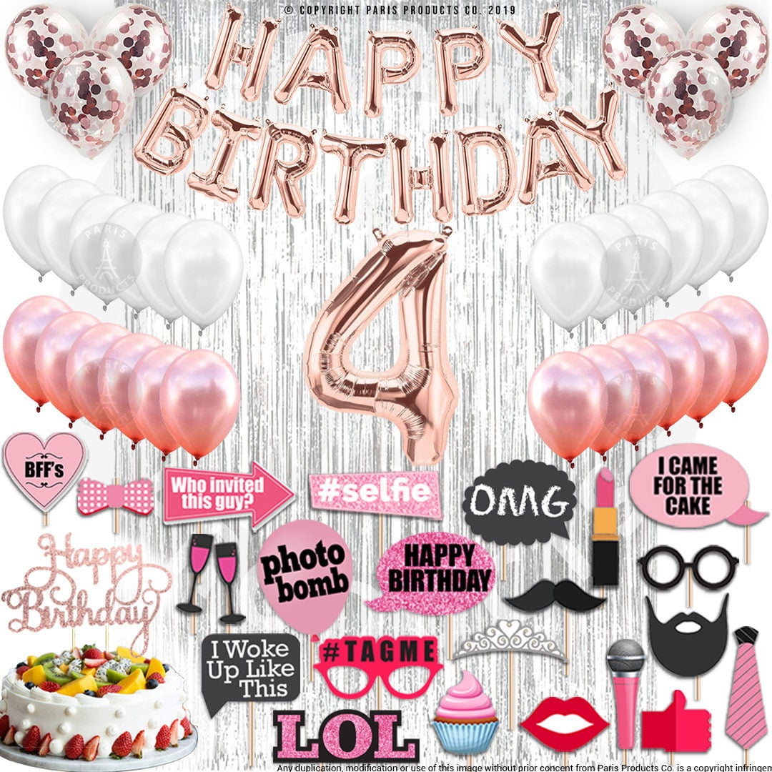 4th Birthday Decorations Party Supplies, Rose Gold 4Number Balloons 4th Foil Mylar Balloons Latex Balloon Decoration 4th Birthday Gifts