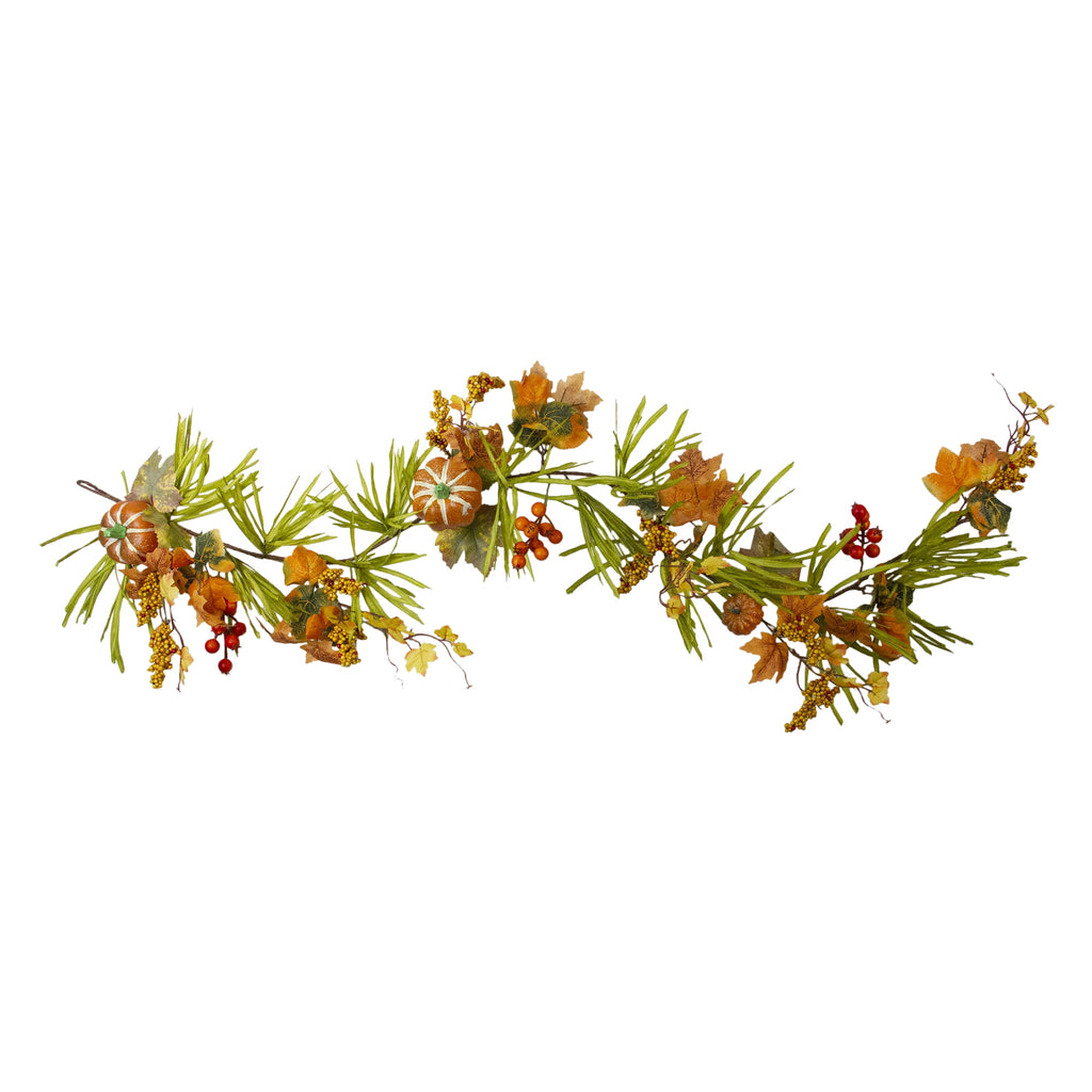 5' Autumn Harvest Decorative Artificial Pumpkins Berries Leaves and Grass Garland - Unlit