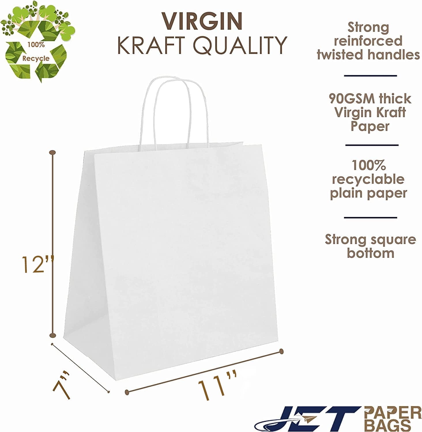 Jet Paper Bags [50 PCS] 15" x 10" x 15.75"H WHITE Virgin Kraft Paper Shopping Bag with Twisted Handles for Gift, Cargo Bags, Large Bags, Wedding, Party Favor, Thank You and More -Juna