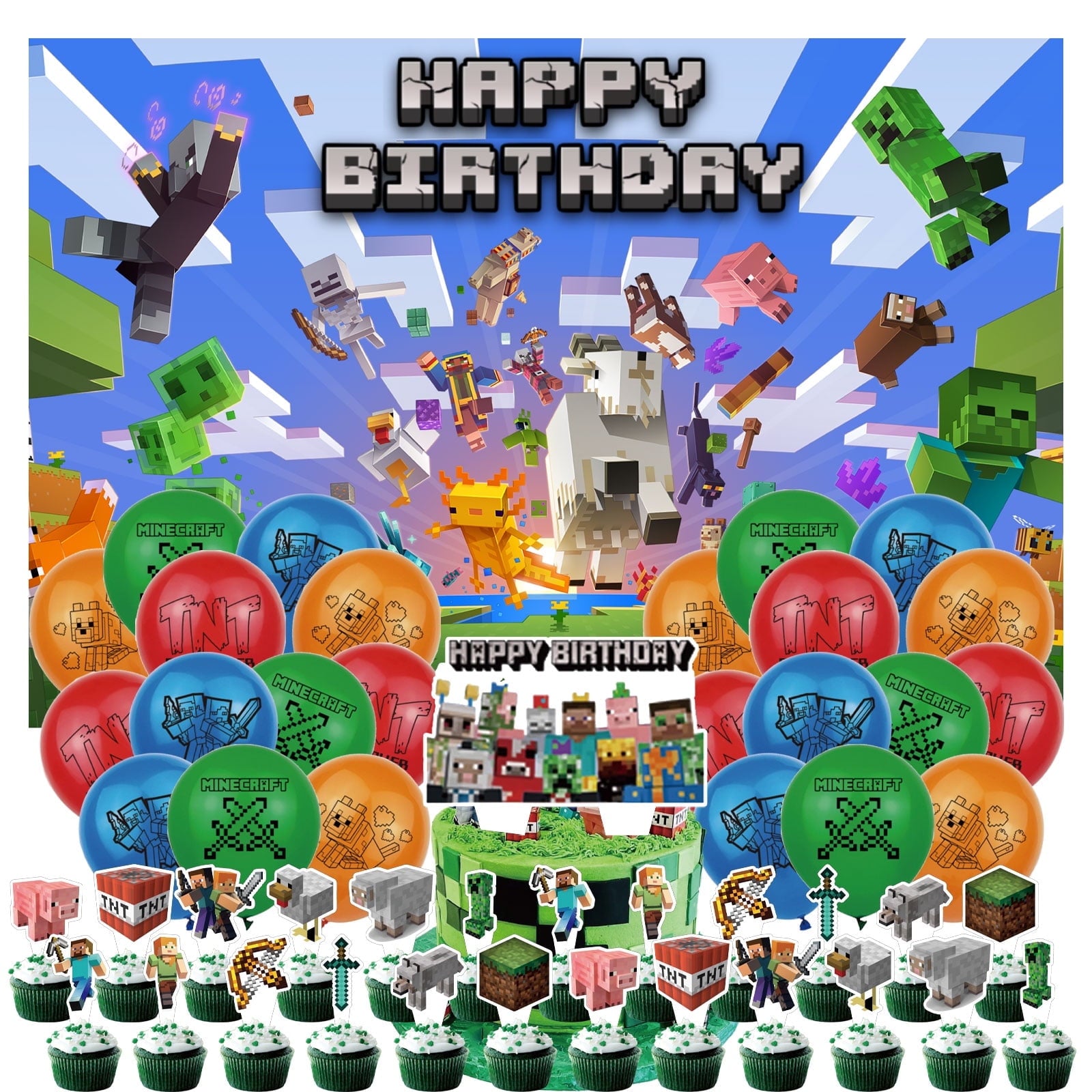 50-Pcs For Minecraft Cartoon-Themed Party Decoration Set – Includes Backdrop, Cake Topper, 24 Cupcake Toppers, and 24 Balloons for Festive Celebrations