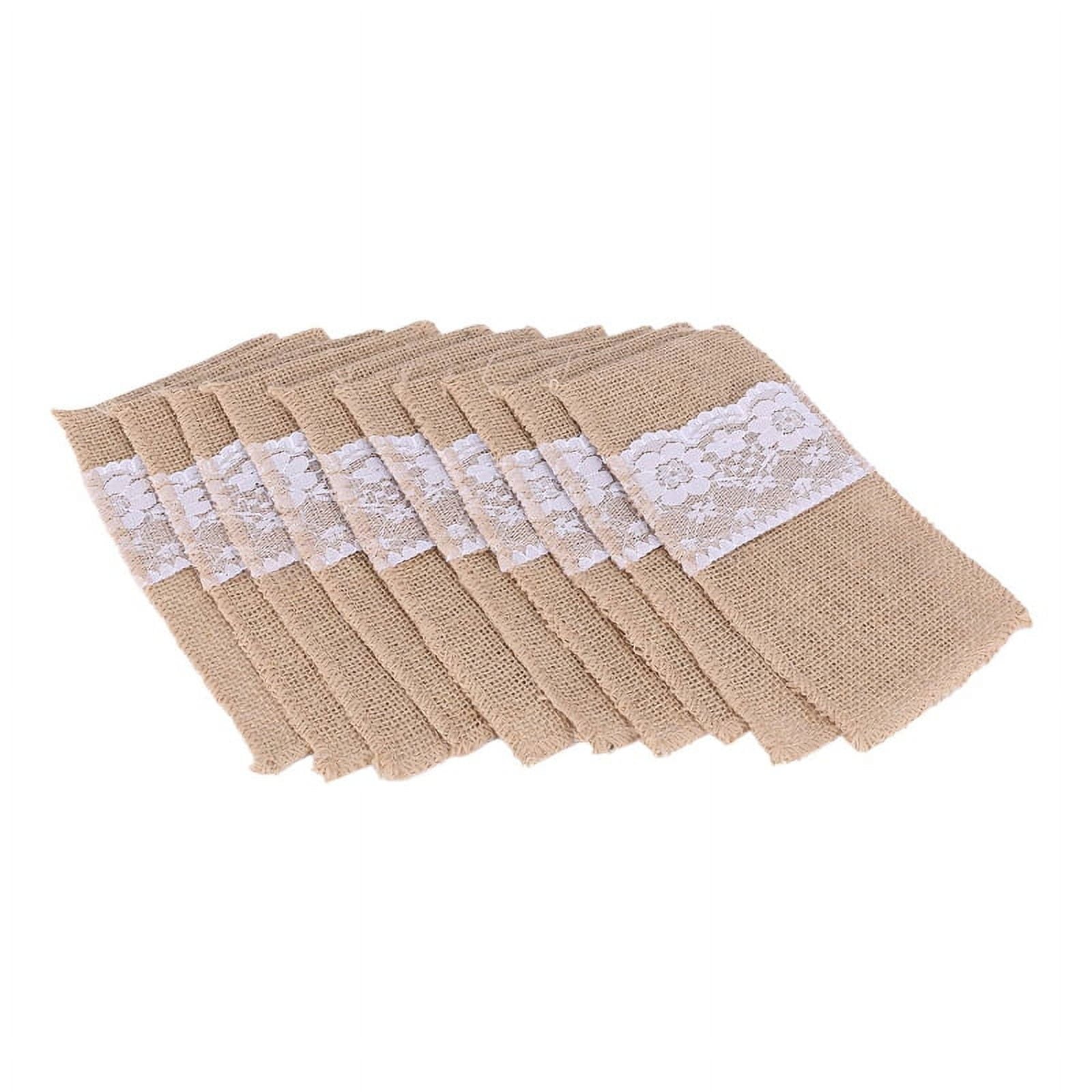 50 pcs Natural Cutlery Knives and Forks Set Silverware Bag Holder Burlap & Lace Party Wedding Decor, 21x11cm