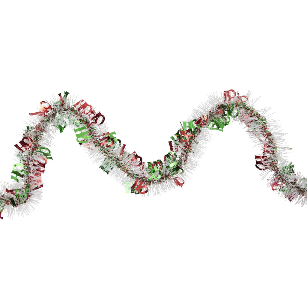 50' x 3" White Red and Green Christmas HO HO HO Wrapped Tinsel Garland - Unlit