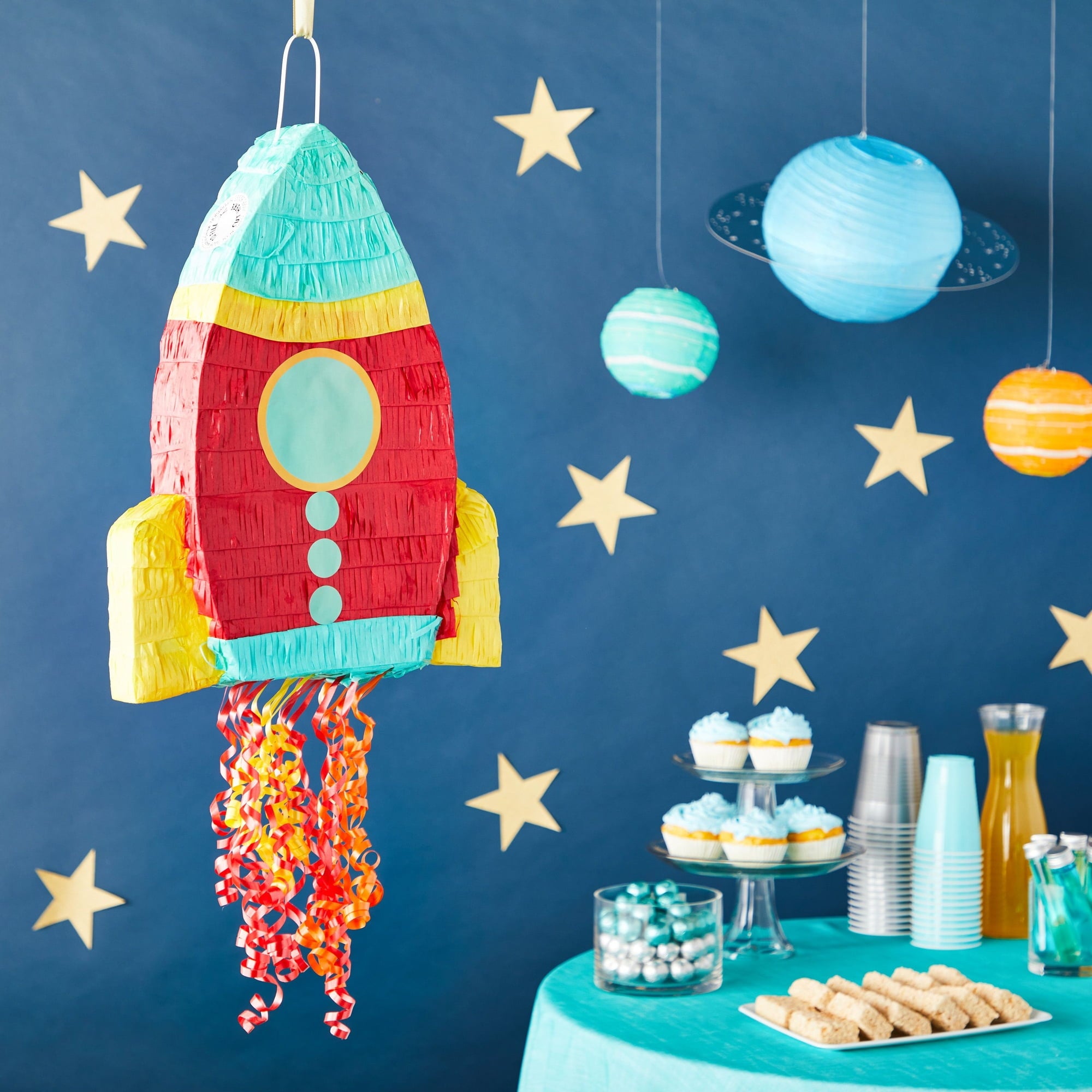 Pull String Rocket Ship Pinata - Outer Space Party Decorations for Astronaut Themed Birthday (Small, 16.5 x 12.5 x 3 in), For Ages 3+