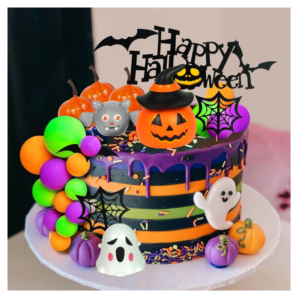 Zhoulg Halloween Cake Toppers 3D Pumpkin Bat Ghost Cake Balls Cake Decorations Happy Halloween Cake Topper For Halloween Party Supplies (Style 01)