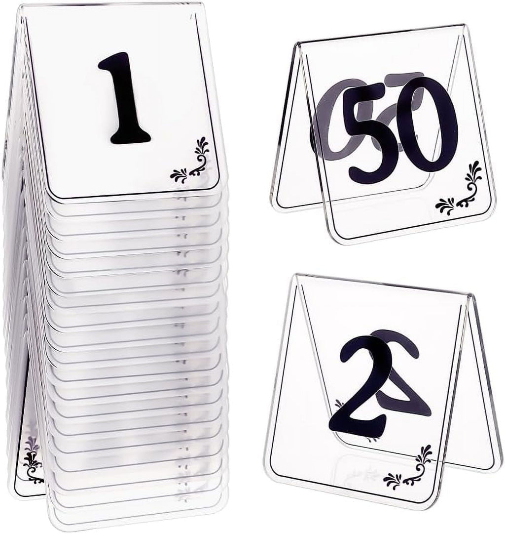 50pcs Tent Style Acrylic Table Numbers Signs 1-50 Double Sided Clear Table Numbers Signs Acrylic Tent Table Numbers Stands Signs Wedding Table Numbers for Wedding Party Banquets Receptions