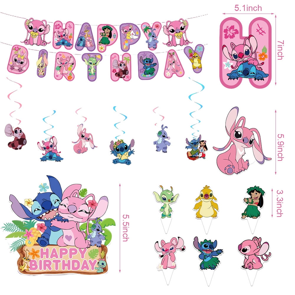 Pink Birthday Decorations Birthday Banner,Backdrop,Balloons,Cake Topper,Cupcake Toppers,Hanging Swirls,Tablecloth for Lilo Birthday Party Decorations Party Supplies