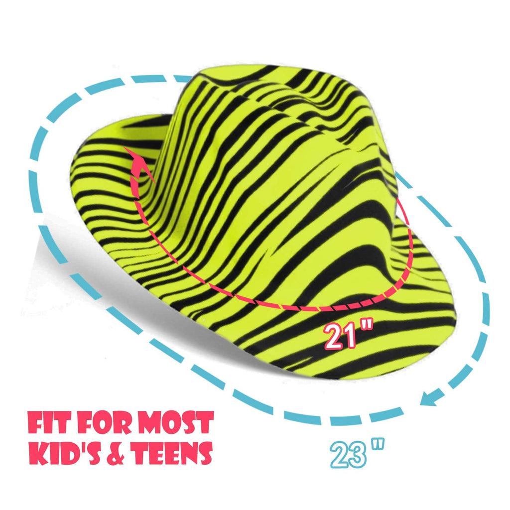 24 Pcs Neon Animal Print Plastic Party Hats - Fedora with Gangster Mafia Style - UV Blacklight Glow Party Stars Rave Hats