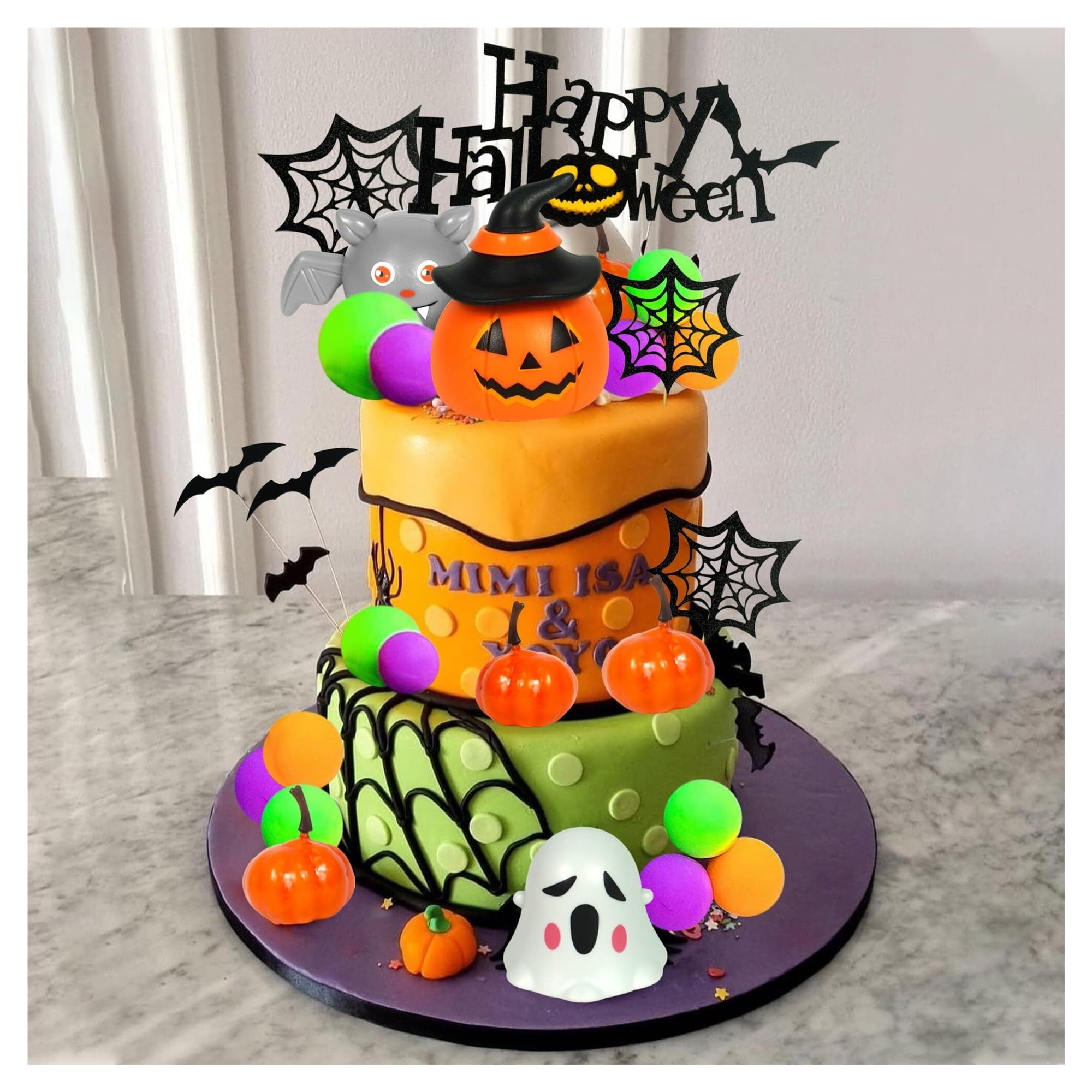 Zhoulg Halloween Cake Toppers 3D Pumpkin Bat Ghost Cake Balls Cake Decorations Happy Halloween Cake Topper For Halloween Party Supplies (Style 01)