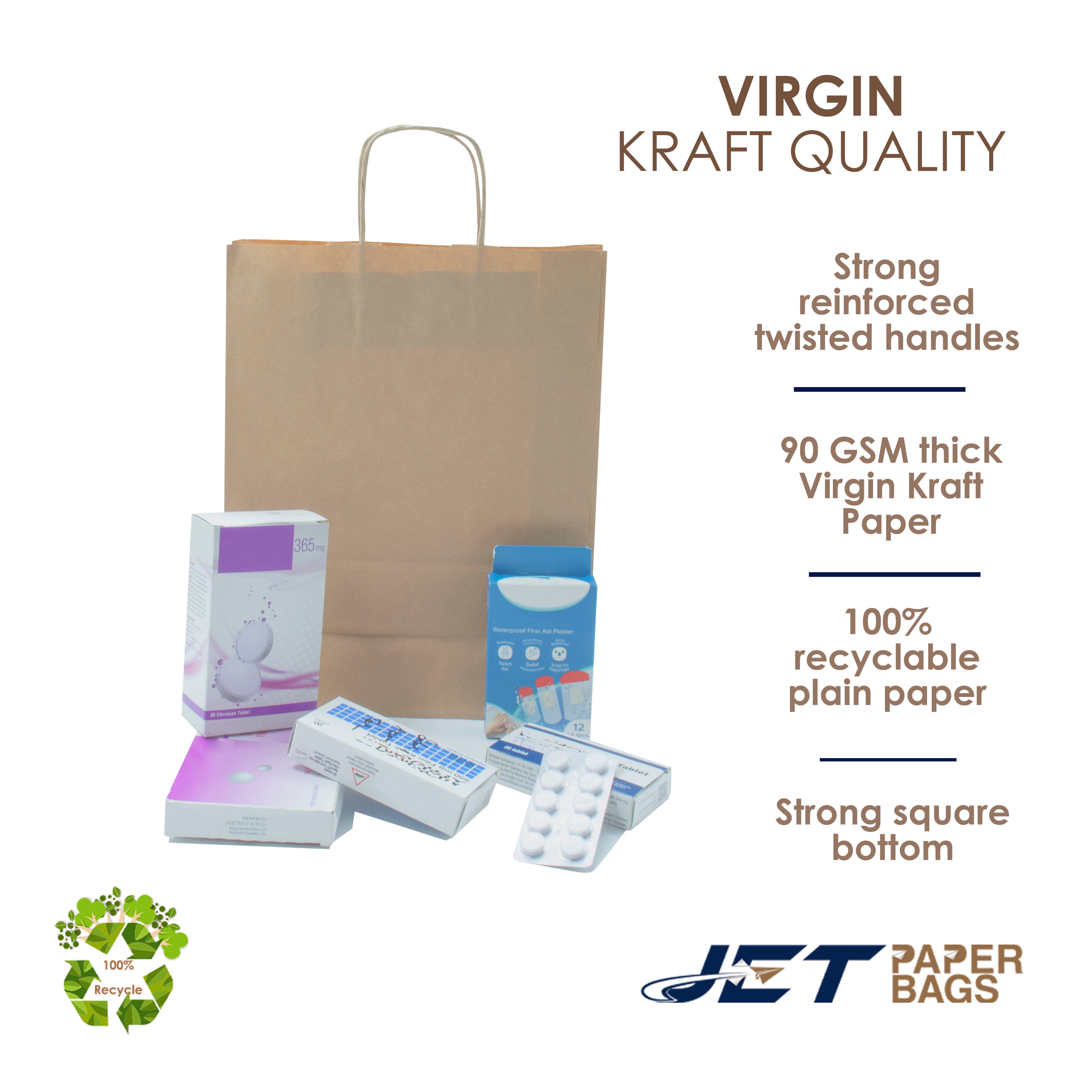 Jet Paper Bags 50 Pcs 10" x 5" x 10H" Brown Kraft Paper Shopping Bag with Twisted Handles - AYLA