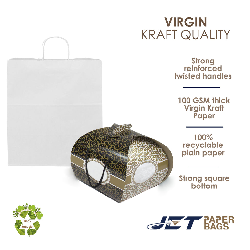 Jet Paper Bags [50 PCS] 15" x 10" x 15.75"H WHITE Virgin Kraft Paper Shopping Bag with Twisted Handles for Gift, Cargo Bags, Large Bags, Wedding, Party Favor, Thank You and More -Juna
